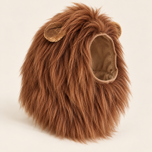 Big Lion Mane dog costume in brown faux fur on a cream studio background