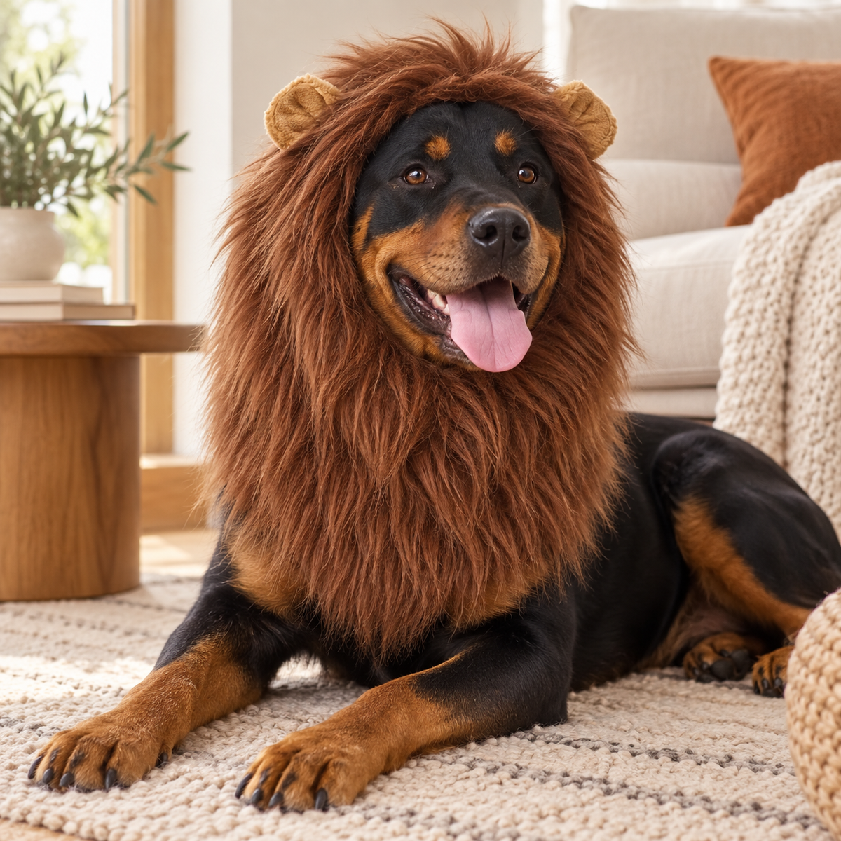 Rottweiler wearing the Big Lion Mane costume in a bright living room
