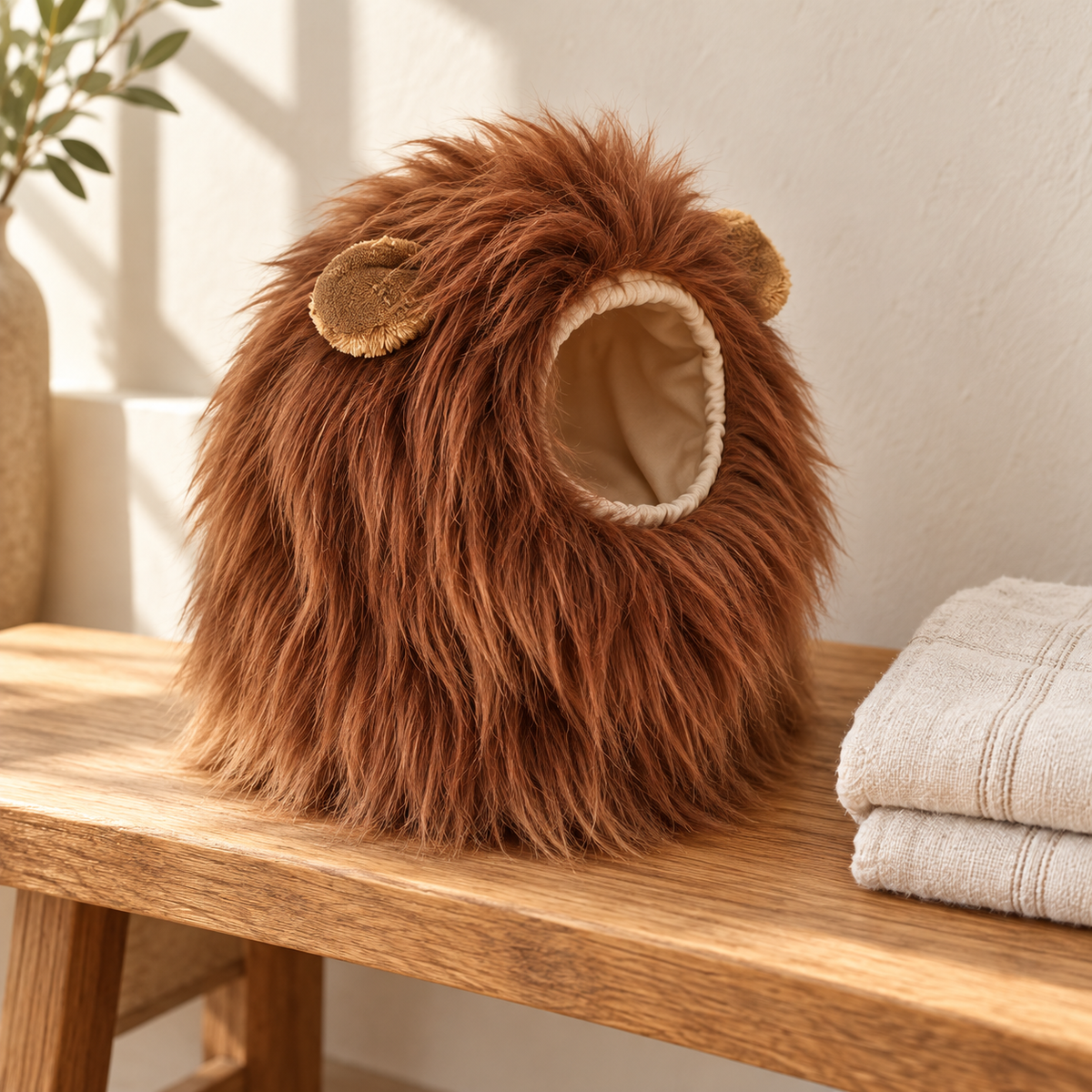 Big Lion Mane costume resting on a wooden bench next to folded towels