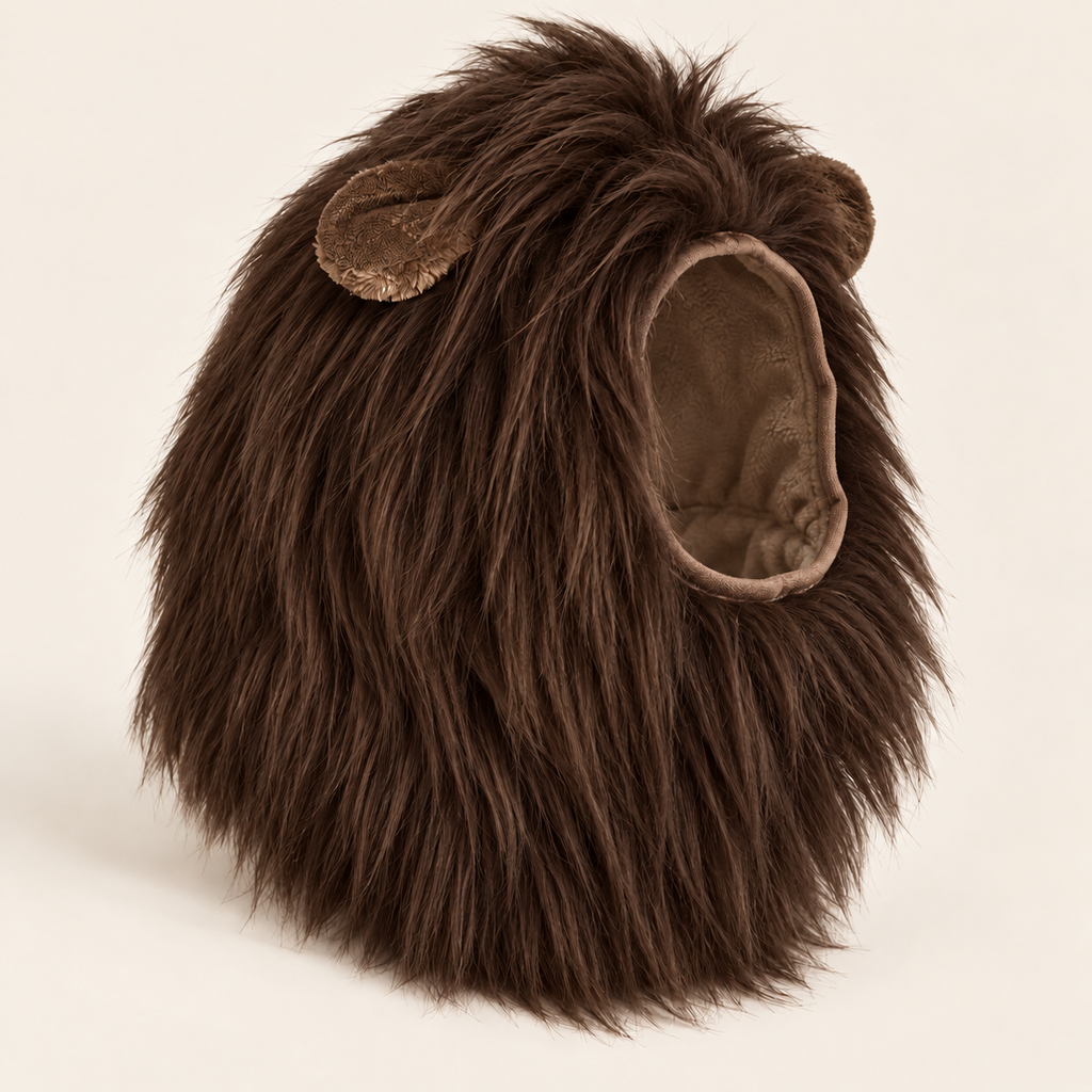 Dark chocolate brown lion mane costume for large dogs, studio photo on a cream background