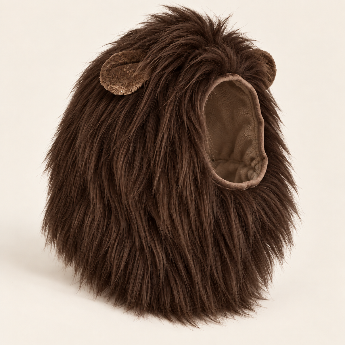 Dark chocolate brown lion mane costume for large dogs, studio photo on a cream background