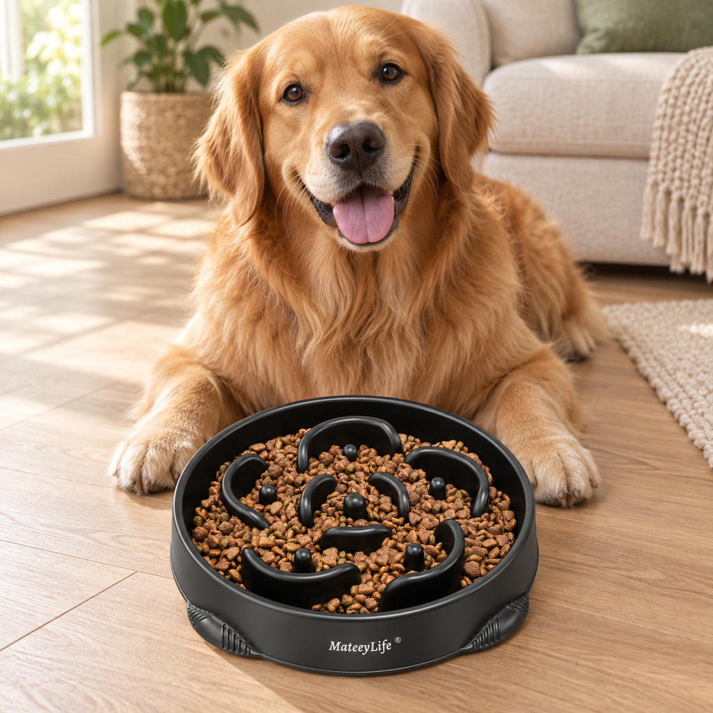 Black slow feeder bowl beside a golden retriever