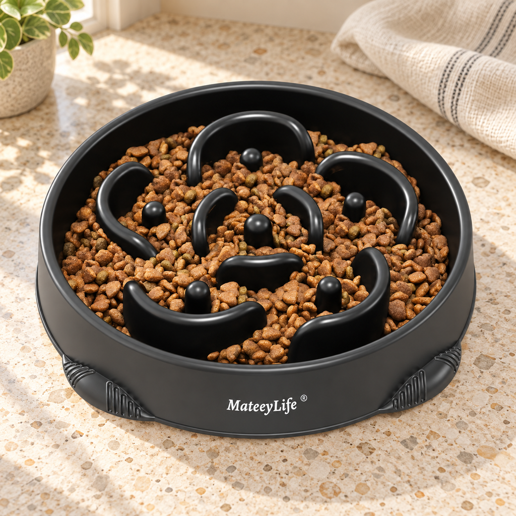 Black maze slow feeder bowl on beige terrazzo