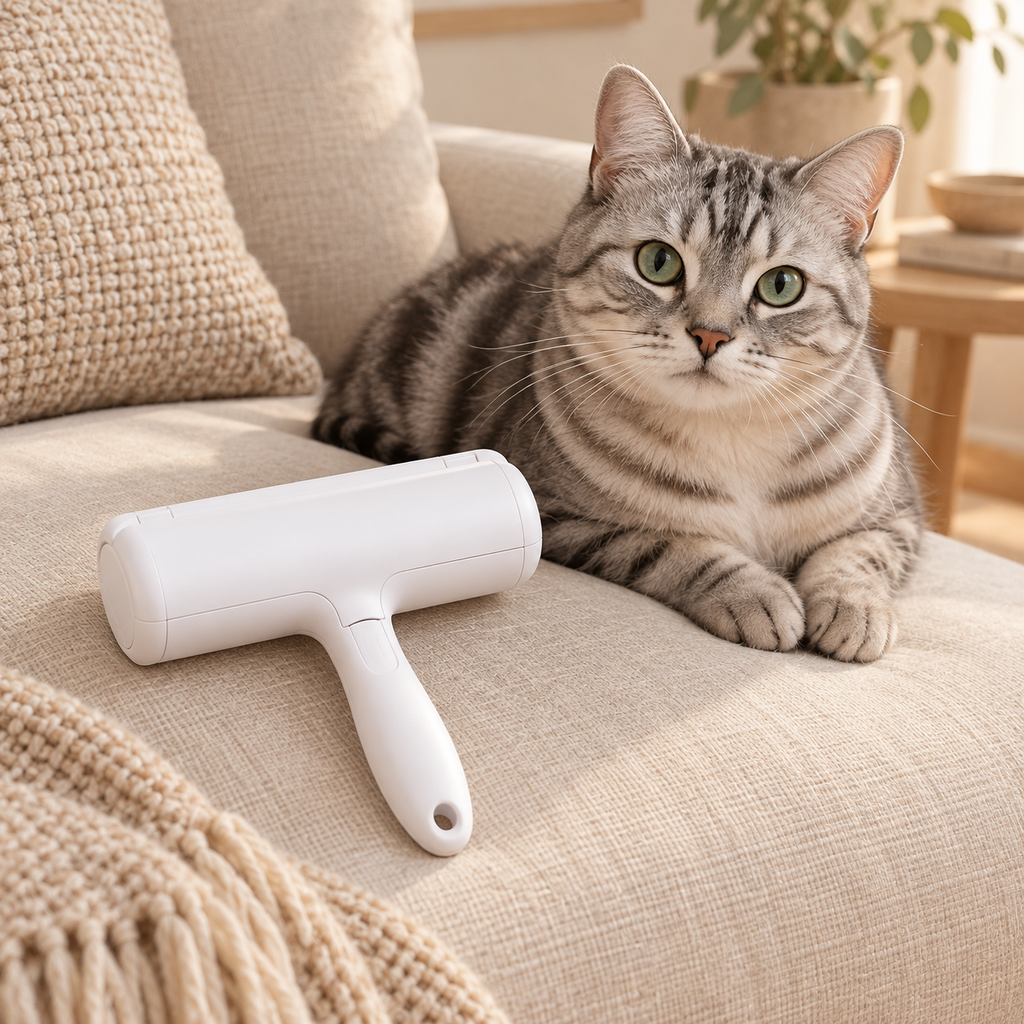 White reusable pet hair roller beside a silver tabby cat