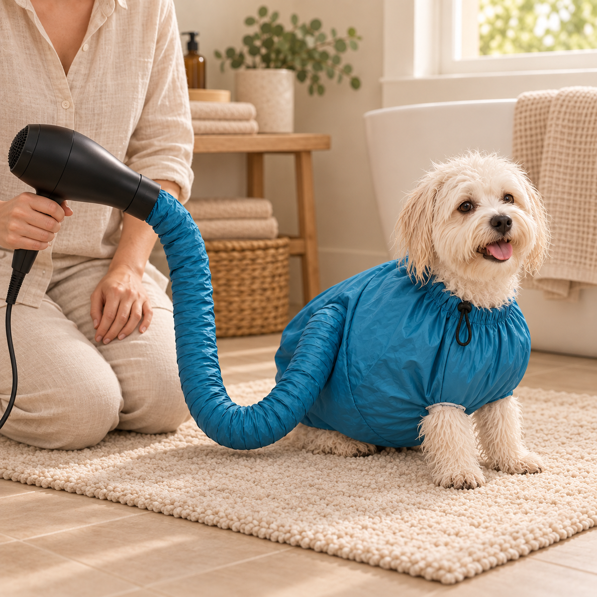 Owner drying a small dog in the Quick-Dry Pet Drying Bag with a hair dryer connected to the hose
