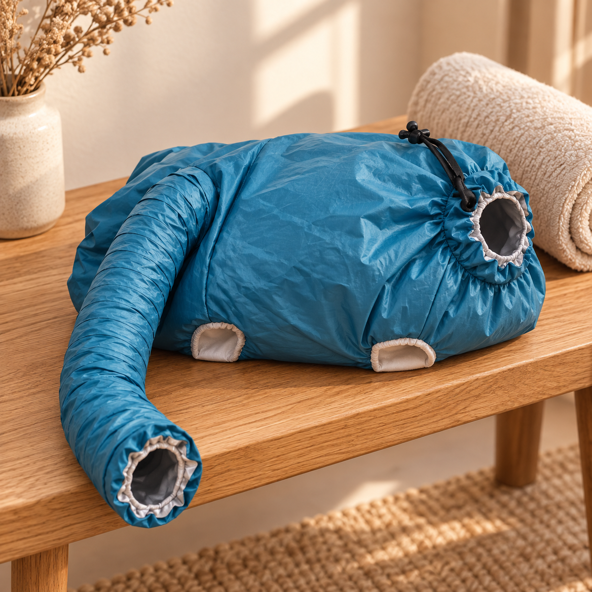 Quick-Dry Pet Drying Bag resting on a wooden bench next to a rolled towel