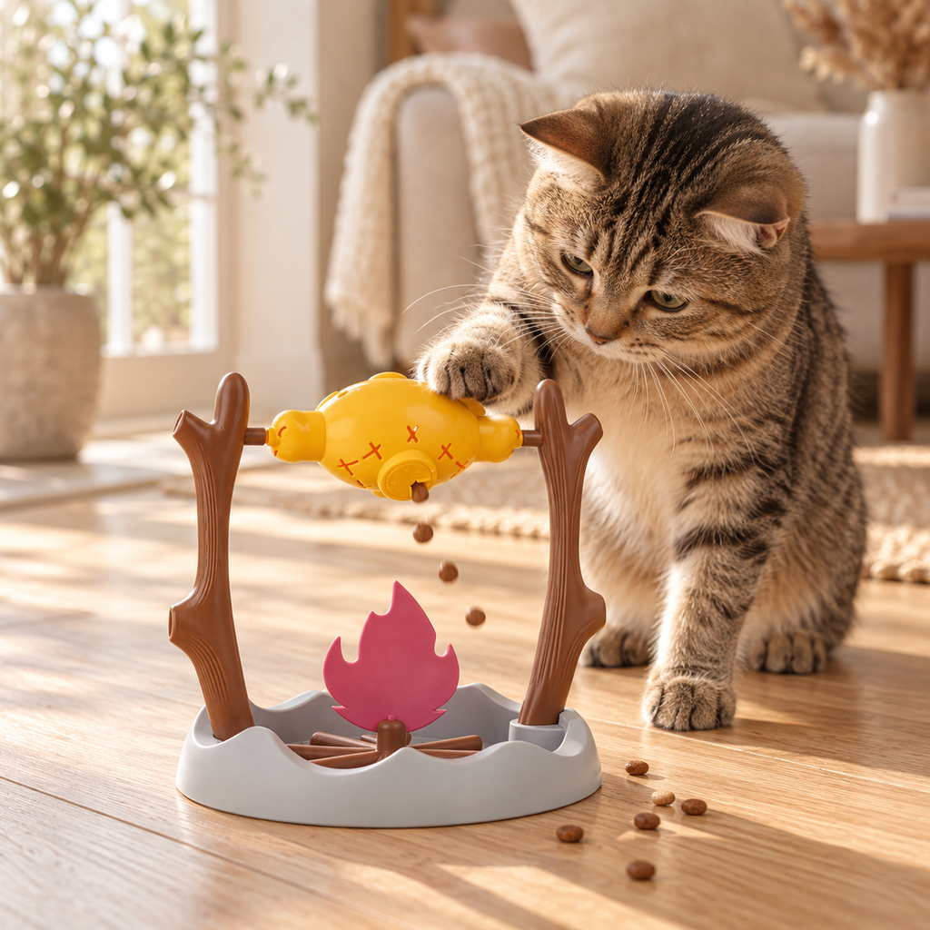 Tabby cat pawing the Hunt & Snack Slow Feeder as treats drop out