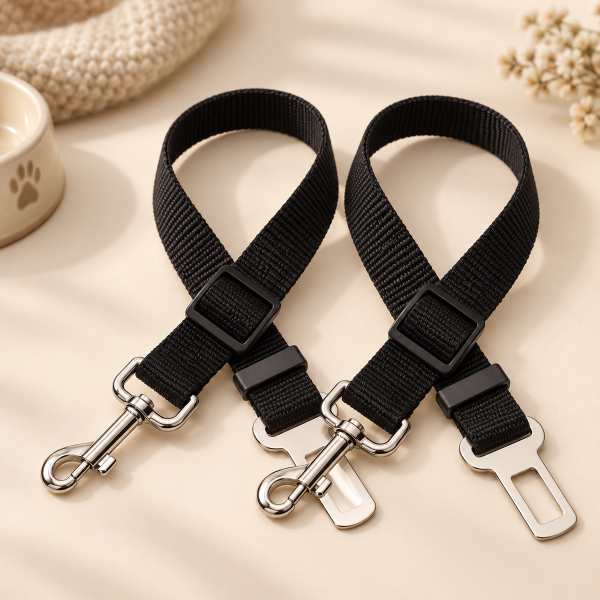 Two black adjustable pet car seatbelts on a cream surface