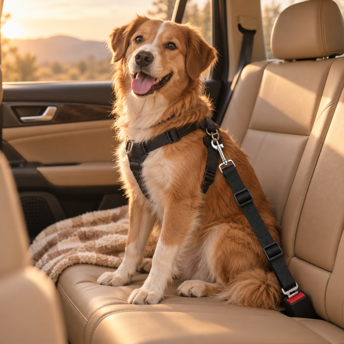 Happy dog sitting on a car back seat, clipped in with the pet seatbelt