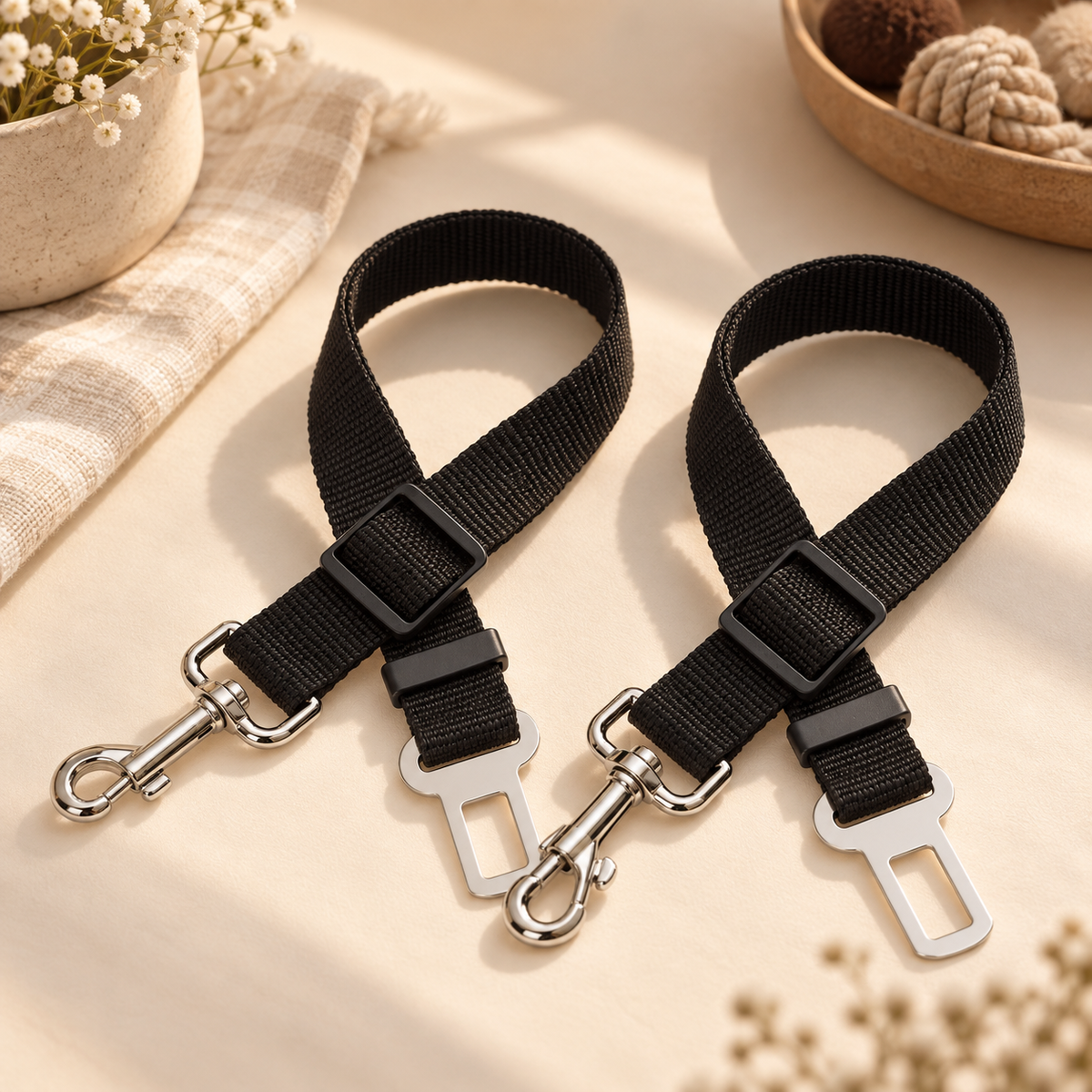 Set of two pet seatbelt tethers with metal clips and buckles
