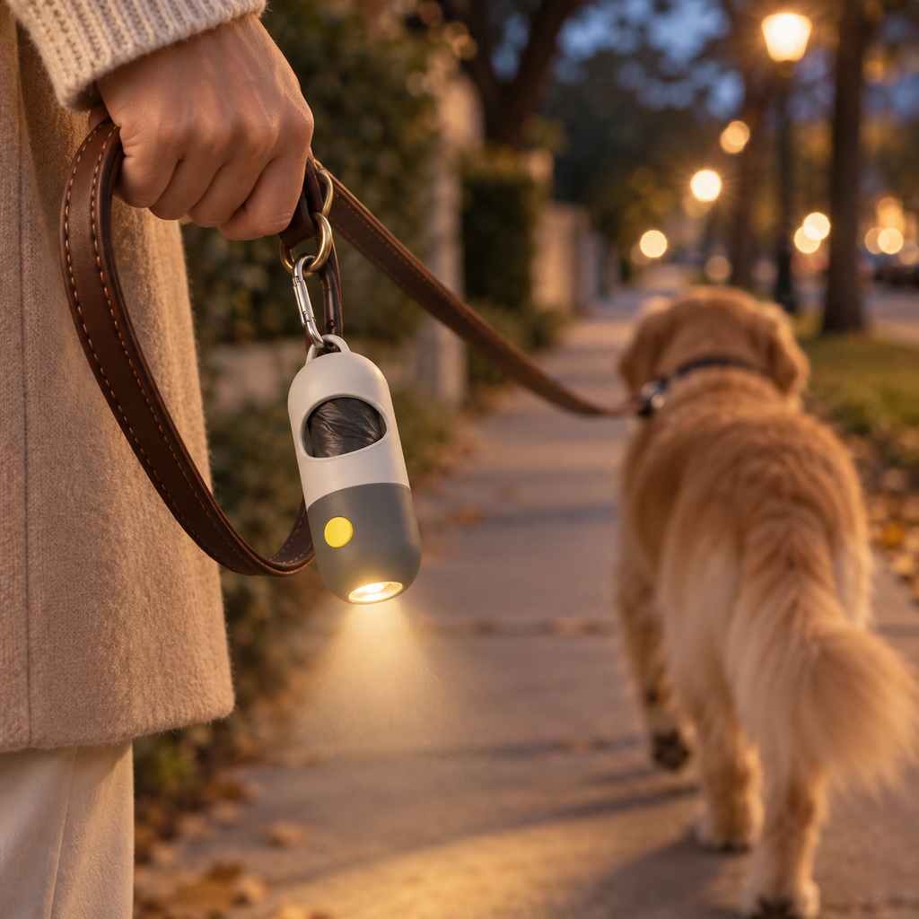 LED bag dispenser clipped to a leather leash lighting the sidewalk on an evening walk