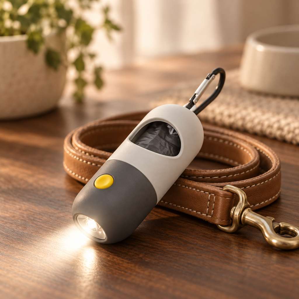 LED bag dispenser with its light on, resting on a leather leash