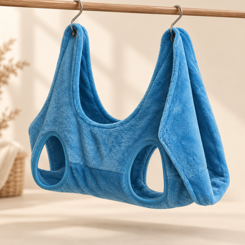 Blue Calm Grooming Hammock hanging from a wooden stand