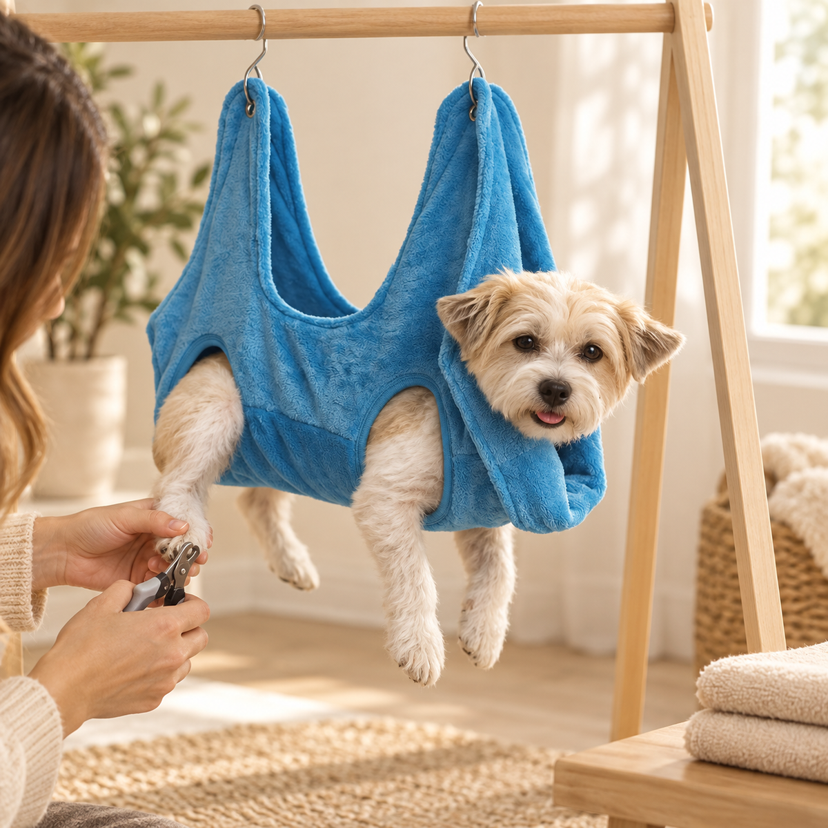 Small dog resting calmly in the grooming hammock during a nail trim