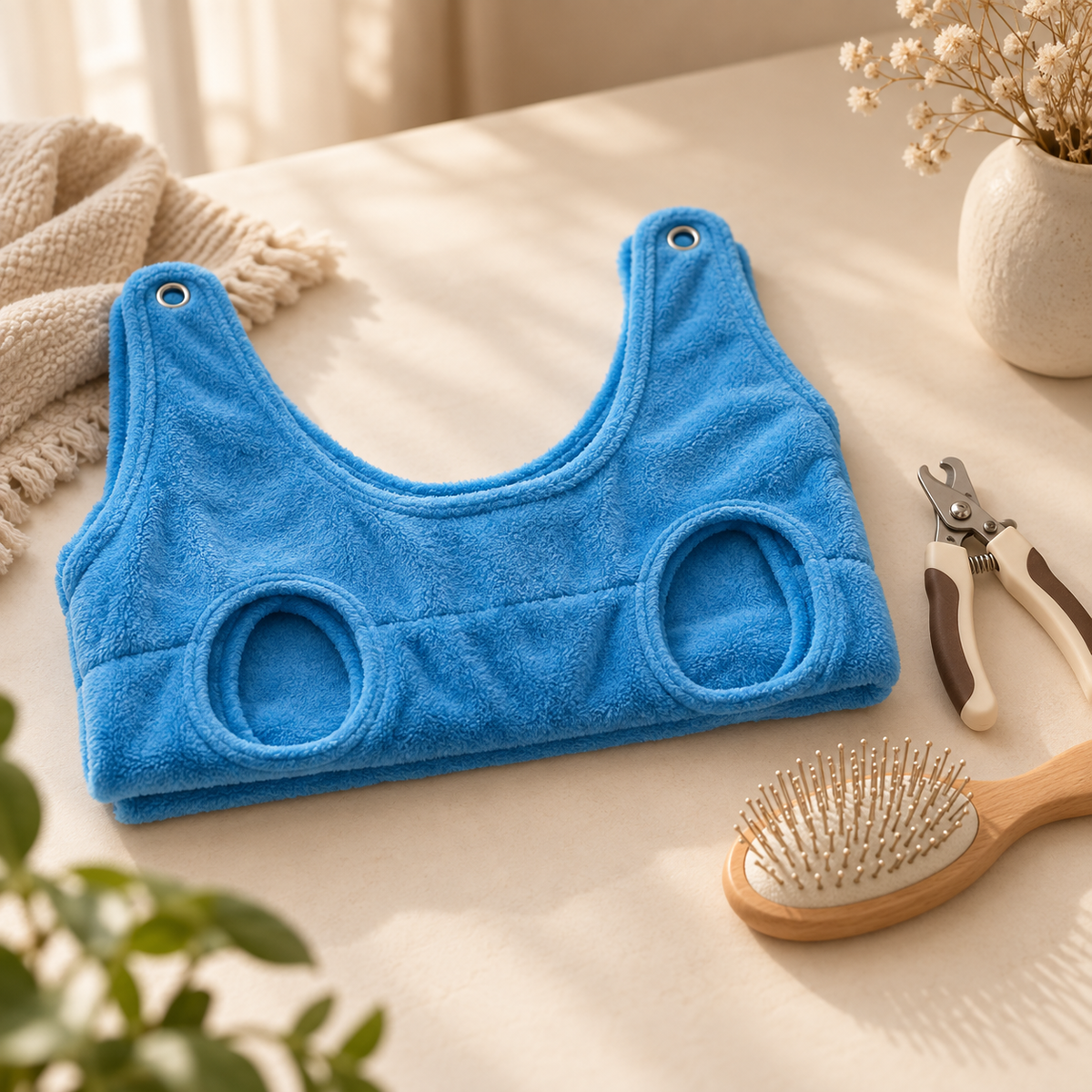 Blue grooming hammock laid flat next to nail clippers and a brush