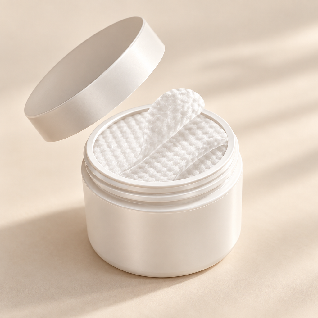 Open tub of Gentle Tear Stain Wipes on a cream background