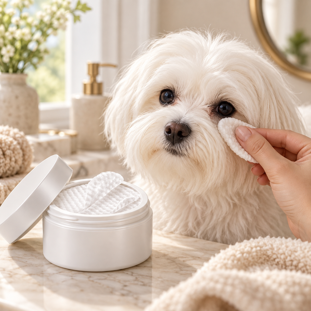 White Maltese dog having its eye area gently wiped with a pad
