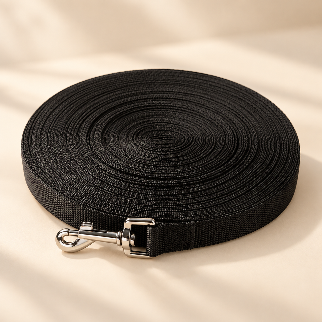 Black Recall Training Long Leash coiled on a cream background
