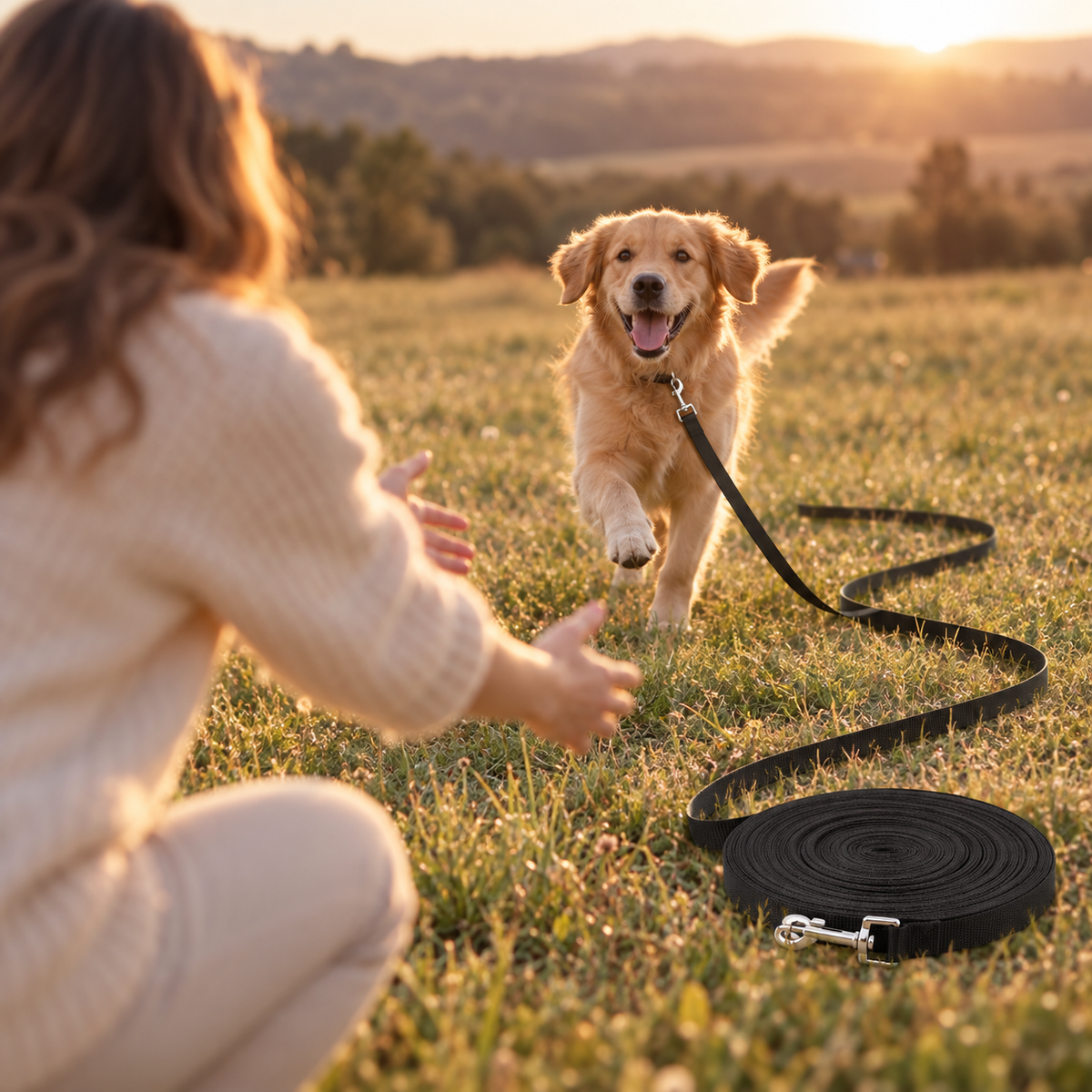 Golden dog running back to its owner in a meadow, long leash trailing