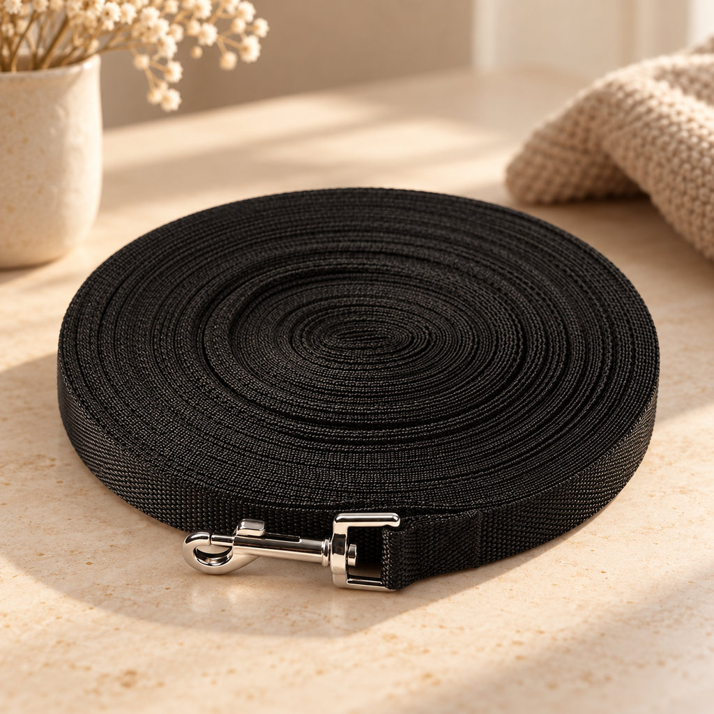 Coiled long training leash with metal clip in a bright room