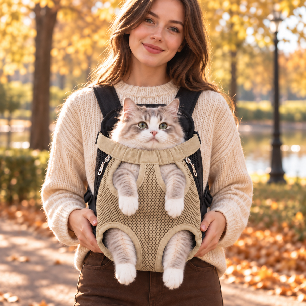 Woman carrying a fluffy cat in the front carrier backpack in an autumn park