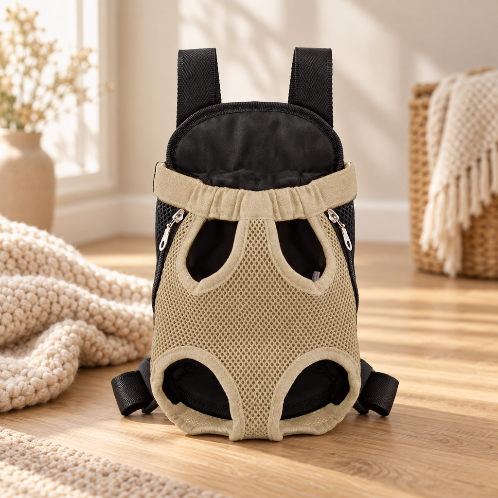 Pet carrier backpack standing on a wooden floor next to a knit blanket