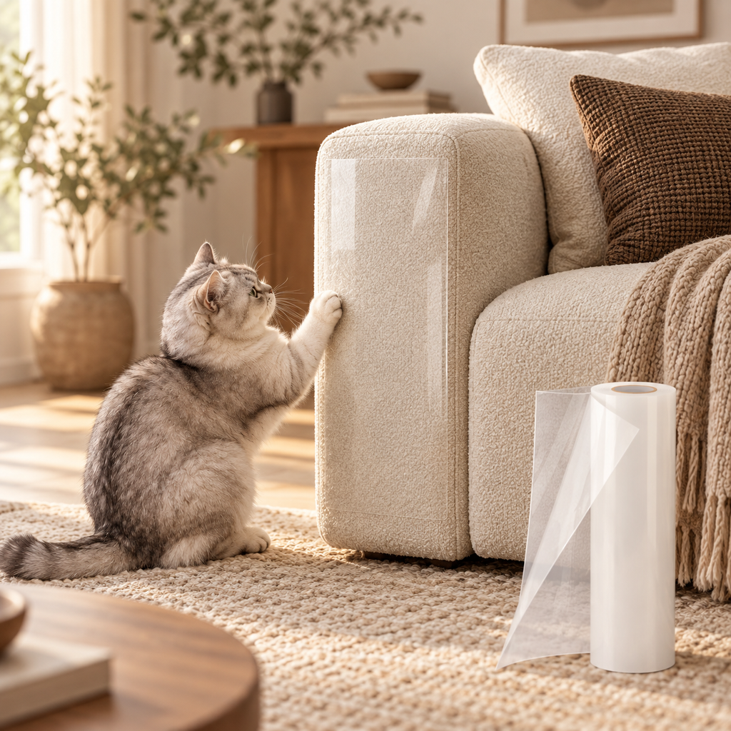 Cat scratching a cream sofa arm protected by the clear scratch guard