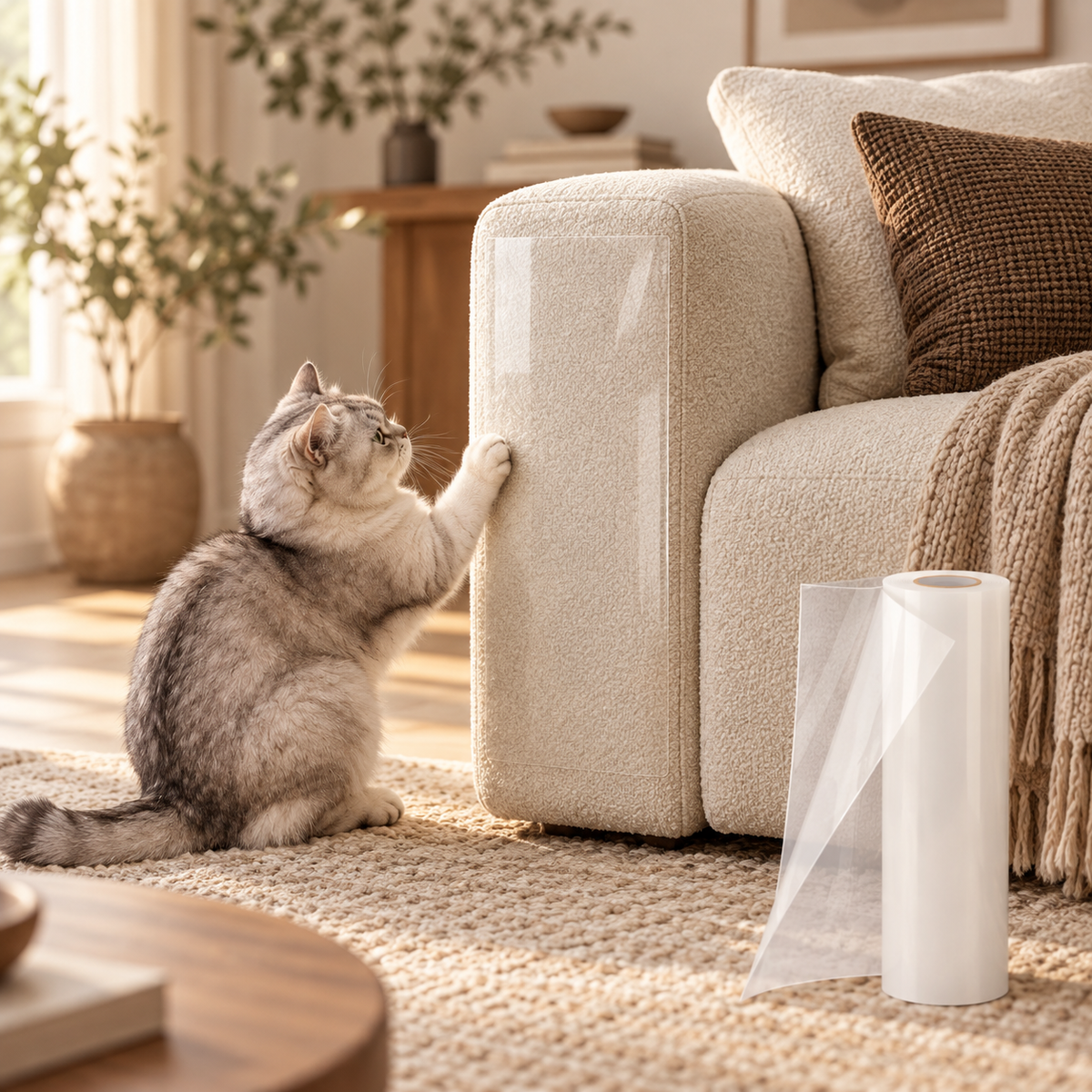 Cat scratching a cream sofa arm protected by the clear scratch guard