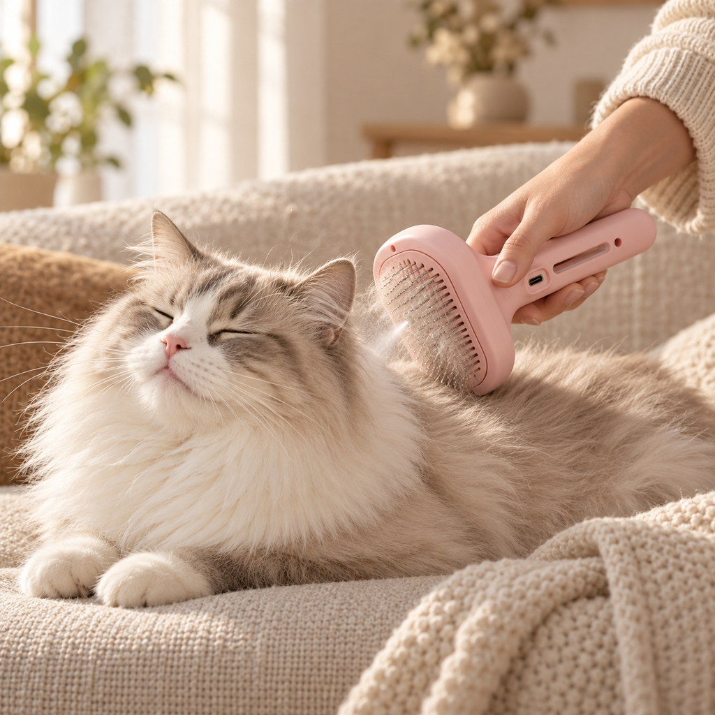 Relaxed cat being brushed on a linen sofa with the mist grooming brush