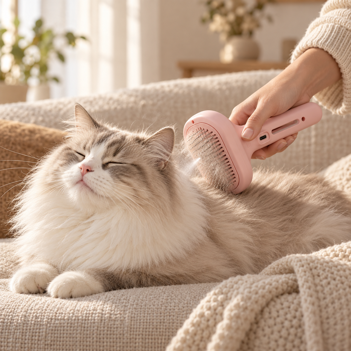 Relaxed cat being brushed on a linen sofa with the mist grooming brush