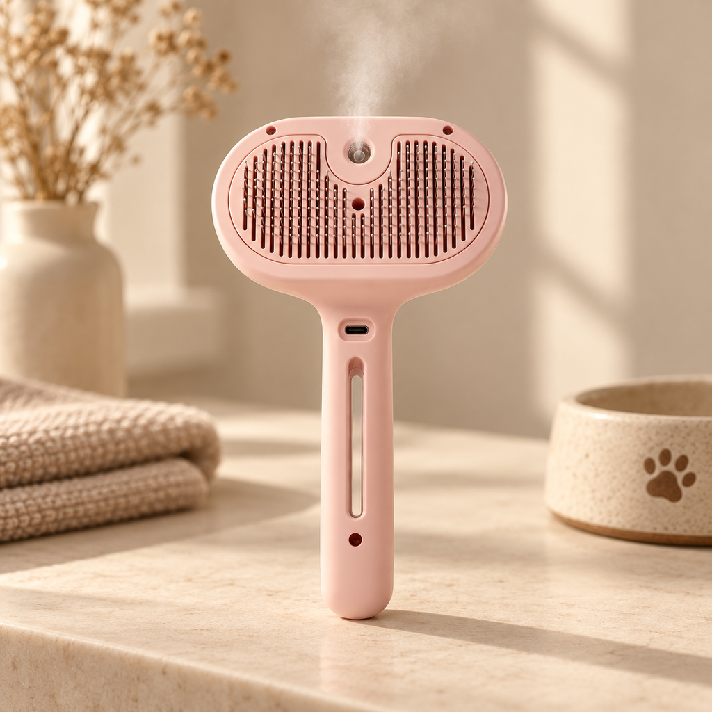 Pink mist grooming brush releasing a fine mist